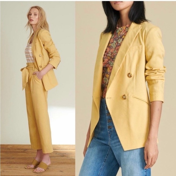 Veronica Beard Nisha Double Breasted Blazer Vintage Yellow Linen Jacket - Picture 2 of 16